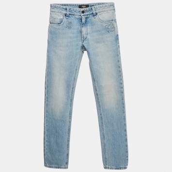 Pre Owned بنطلون جينز فيندي دنيم أزرق زوكا مزين ملصق مقاس ضيق صغير / خصر 29 بوصة