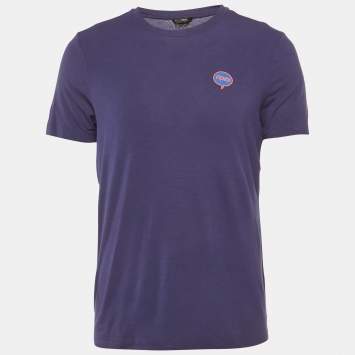 Pre Owned Fendi Blue Logo Applique Jersey T-Shirt L