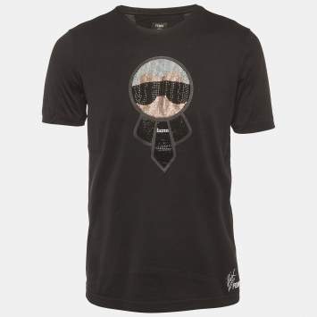 Pre Owned تي شيرت فندي جيرسي مرصع بأحجار الراين أسود مقاس كبير (لارج)