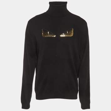 Pre Owned بلوفر فندي تريكو كشمير أسود بعيون وحش مطرزات المقاس الكبير جدًا