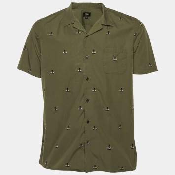 مملوكة مسبقًا Fendi Green Embroidered Cotton Bowling Shirt L