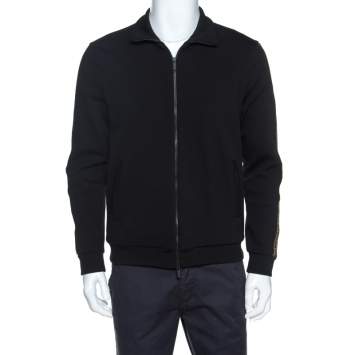 Pre Owned Fendi Black Knit Sleeve Logo Tape Detail Zip Front Jacket M