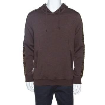 Pre Owned Fendi Brown Wool Blend Logo Tape Trim Hooded Sweatshirt M