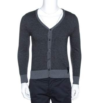 Pre Owned Fendi Grey Zucca Monogram Pattern Wool Button Front Cardigan M