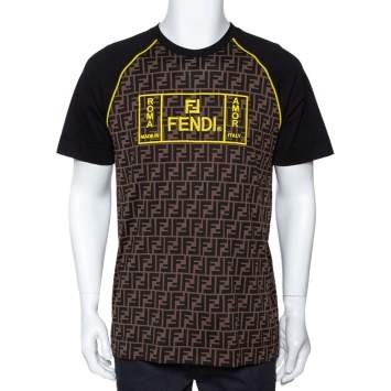 Pre Owned Fendi Brown Zucca Monogram Printed & Embroidered Cotton T-Shirt M