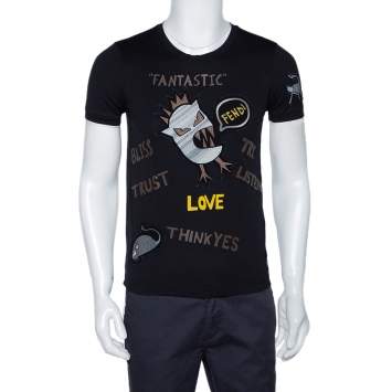 Pre Owned Fendi Black Monster Appliqued Cotton Crew Neck T-Shirt XS