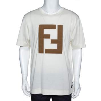 Pre Owned Fendi Off White Cotton Knit Appliquéd Logo Crew Neck T-Shirt M