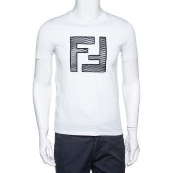 Pre Owned Fendi White Light Jersey Mesh Logo Applique T-Shirt S