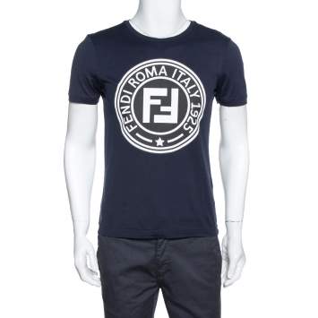 Pre Owned Fendi Navy Blue FF Logo Print Cotton Crew Neck T-Shirt S