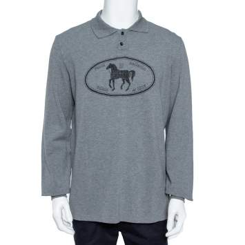 Pre Owned Fendi Grey Cotton Selleria Long Sleeve Polo T-Shirt XXL