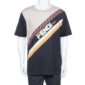 Pre Owned Fendi Black Color Block Cotton Logo Printed Roundneck T-Shirt L