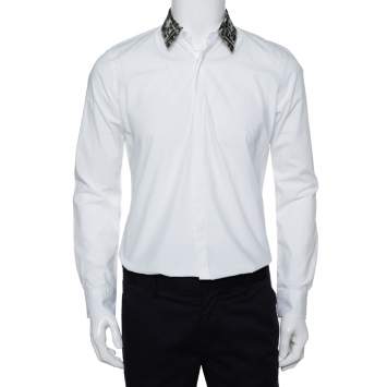 Pre Owned Fendi White Cotton Camou Collar Detail Button Front Shirt S
