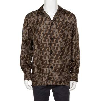 Pre Owned Fendi Brown Silk Zucca Monogram Button Front Shirt L