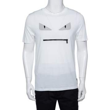 Pre Owned Fendi White Monster Eye Applique Cotton Pocket Bag Detail T-Shirt M
