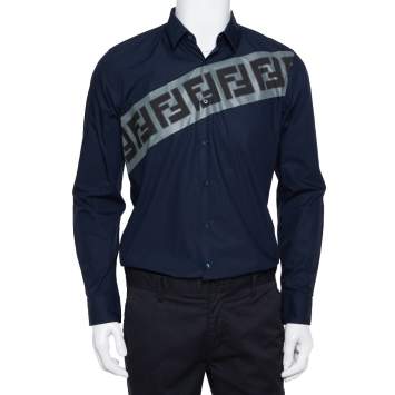 Pre Owned Fendi Navy Blue Cotton Diagonal Logo Printed Button Front Shirt M