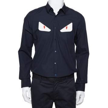 Pre Owned Fendi Navy Blue Cotton Monster Eye Applique Detail Button Front Shirt L