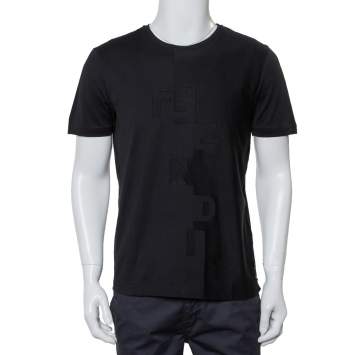 Pre Owned Fendi Black Cotton Logo Detail Crewneck T-Shirt M