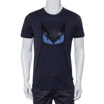 Pre Owned Fendi Navy Blue Cotton Crystal Monster Embellished Crewneck T-Shirt M