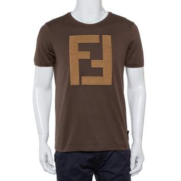 Pre Owned Fendi Brown Cotton Logo Applique Crewneck T-Shirt L