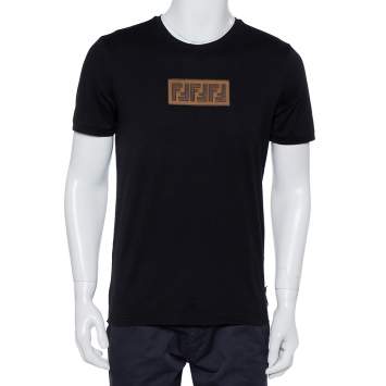 Pre Owned Fendi Black Cotton Logo Embroidered Crewneck T-Shirt L