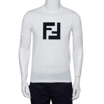 Pre Owned Fendi White Logo Patched Cotton Crewneck T-Shirt S