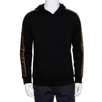 Pre Owned Fendi Black Wool & Silk Logo Band Detail Hoodie S