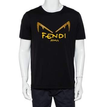 Pre Owned Fendi Black Cotton Diabolic Eyes Embellished T-Shirt XL