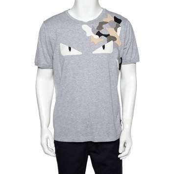 Pre Owned Fendi Grey Cotton Monster Eyes Leather Patch Detail Crewneck T-Shirt XXL
