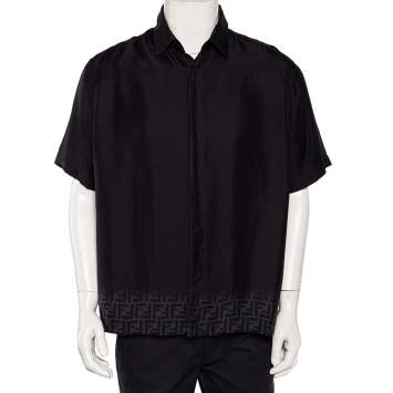 Pre Owned Fendi Black Silk Logo Printed Hem Detail Short Sleeve Shirt XL