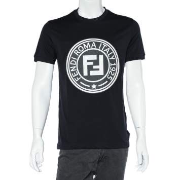 Pre Owned Fendi Navy Blue Logo Printed Cotton Knit Crewneck T-Shirt M
