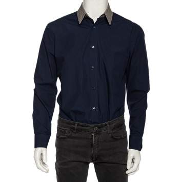 Pre Owned Fendi Navy Blue Cotton Zucca Monogram Collar Detail Shirt XL