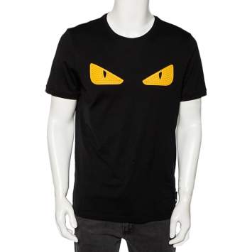 Pre Owned Fendi Black Cotton Bag Bug Leather Inlay Detailed Short Sleeve T-Shirt XL