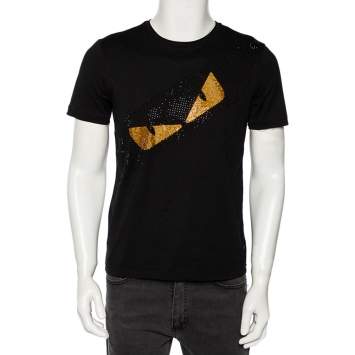 Pre Owned Fendi Black Cotton Bag Bug Embellished Short Sleeve T-Shirt XS