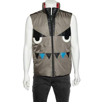 Pre Owned Fendi Grey & Red Synthetic Monster Face Detail Reversible Quilted Vest L