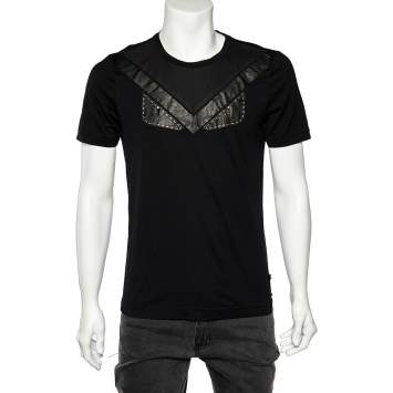 Pre Owned Fendi Black Cotton Studded Leather Bag Bugs Detail Crewneck T-Shirt M