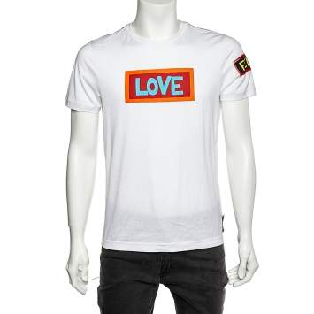 Pre Owned Fendi White Paint Logo Love Printed Cotton Crewneck T-Shirt M