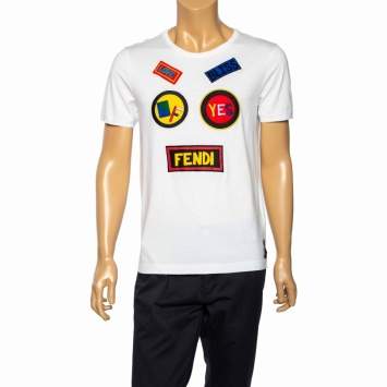 Pre Owned Fendi White Cotton Face Patch Appliqued Short Sleeve T-Shirt L