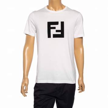 Pre Owned Fendi White Cotton Knit Logo Print Detail T-Shirt L