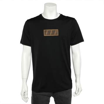 Pre Owned Fendi Black Cotton Logo Patch Detail Roundneck T-Shirt XXL