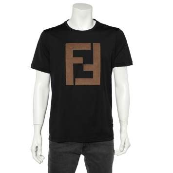 Pre Owned Fendi Black Cotton Logo Applique Detail Roundneck T-Shirt XL