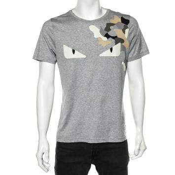 Pre Owned Fendi Grey Cotton Monster Eyes Leather Patch Detail Crewneck T-Shirt M