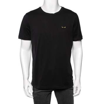 Pre Owned Fendi Black Cotton Embroidered Logo Detail Short Sleeve T-Shirt XL