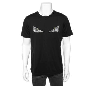 Pre Owned Fendi Black Cotton Monster Eye Patch Detailed Short Sleeve T-Shirt L
