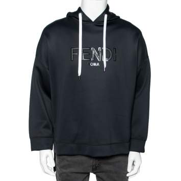 Pre Owned Fendi Black Neoprene Reflective Logo Detailed Hoodie XXL