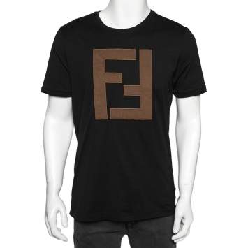 Pre Owned Fendi Black Cotton Knit Logo Patch Detail Round Neck T-Shirt M