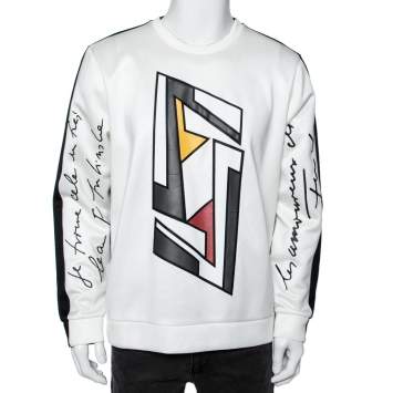 Pre Owned Fendi White Knit Futuristic FF Motif Crew Neck Long Sleeve Sweatshirt L