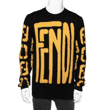 Pre Owned Fendi Black & Yellow Logo Intarsia Knit Wool Sweater L