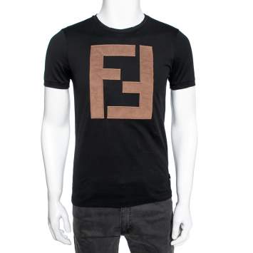 Pre Owned Fendi Black Cotton FF Patch Crew Neck Shirt Sleeve T-Shirt S