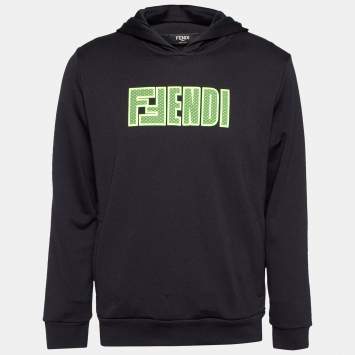 Pre Owned Fendi Black Rib Knit Logo Applique Hoodie L