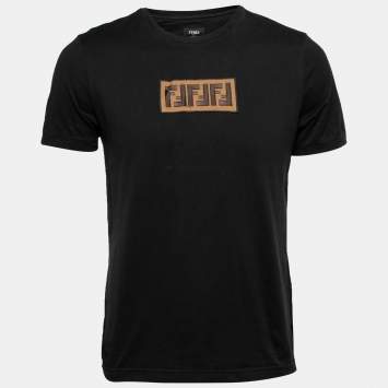Pre Owned Fendi Black Cotton Logo Patch Detail Roundneck T-Shirt M